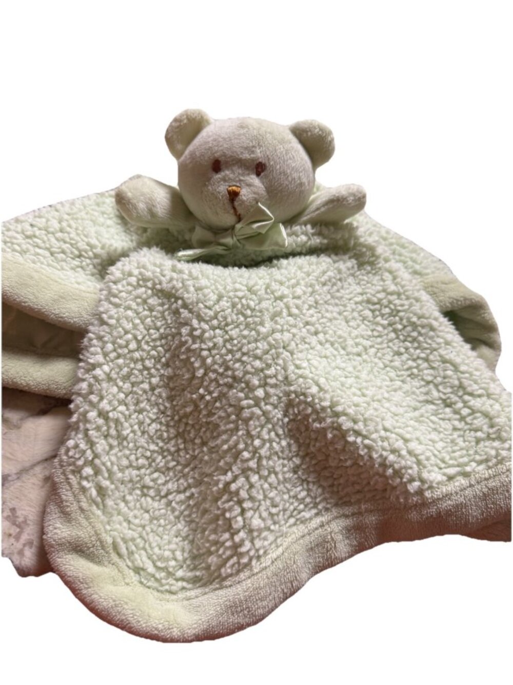 Vintage Blankets and Beyond Green Satin Bear Baby Lovey Sherpa Security Blanket